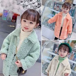 Children Lambswool Coat Baby Turndown Collar Thicken Warm Jacket Girls Long Overcoat Winter Kids girls Casual Outwear 211204
