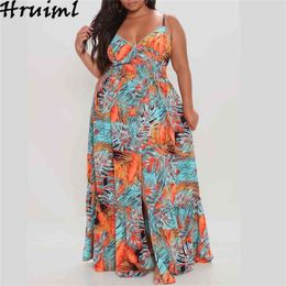 Bohemian Dress Summer Fashion Floral Printing Sexy Sling Female Plus Size Floor-Length Deep V-Neck Hem Split Women 210513