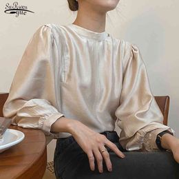 Autumn Loose O-neck Pleated Shirt Puff Sleeve Satin Plus Size Women Clothing Women's Tops and Blouses Blusas Mujer 12424 210521