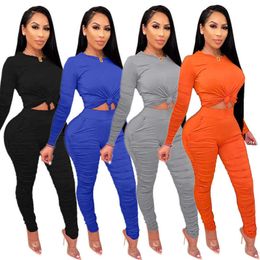 Women Pleated Tracksuits Long Sleeve Stacked Two Piece Pants Set Casual Ladies Fashion Sportwear Designers Clothes 2021