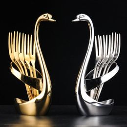 Dinnerware Sets 5Pcs Stainless Steel Cutlery Set Kitchen Silver Gold Flatware Knife Fork Spoon Tableware Spoons Swan Base Holder