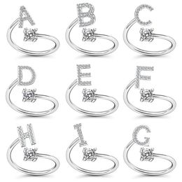 Band Rings Jewelry Gold Color Initials A-Z Letter Alphabet Adjustable Opening Rhinestone Finger For Women Party Wedding