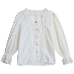 PERHAPS U Women White Khaki Square Collar Flare Long Sleeve Loose Faux Pearl Button Lace Patchwork Shirt Spring B0759 210529