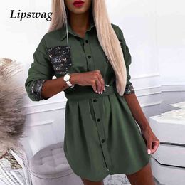 Women Turn-Down Collar Sequin Stitching Party Dress Elegant Button Long Sleeve Shirt Dress Autumn Casual Slim Mini Dress Vestido X0521