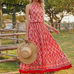 Women Dresses Bohemian Printing Sleeveless Backless Sling Dress Fashion Sale Ankle-Length A-Line Casual Vestiti Donna 210513