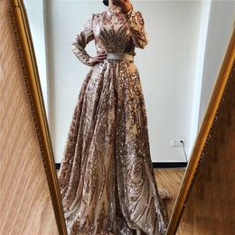 Dubai Long Sleeves Evening Dresses Moroccan Kaftan Bury High Collar Muslim Women Formal Party Wear Royal Blue Prom Dress Islamic Ocn Gowns