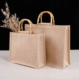 NXY Shopping Bags Vintege For Women Multifunction Portable Burlap Jute Handbag Bamboo Loop Handles Tote Travel Lunch Box 220128