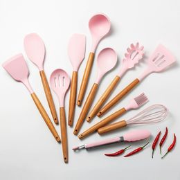 Silicone Cooking Tools Utensil Set Non-Stick Spatula Shovel Wooden Handle Cooking Tools Set With Storage Box Kitchen Accessories 210326