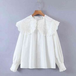 Women Hollow Embroidery Turndown Collar White Shirts Female Long Sleeve Blouses Casual Lady Loose Tops Blusas S8277 210430