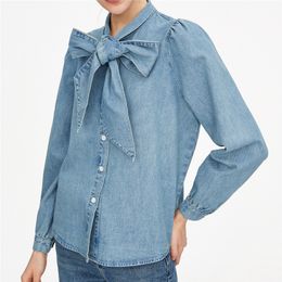 Stylish Office Wear Denim Women Blouses Bow Tie Collar Long Sleeve Asymmetry Female Shirts Blusas Chic Tops 210430