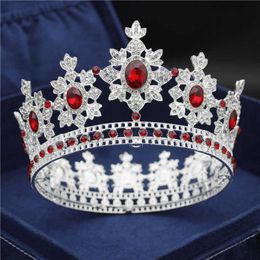 Fashion Pageant Diadem Red Crystal Tiara and Crown Rhinestone Circle Queen King Head Jewellery Bridal Wedding Hair Accessories X0625