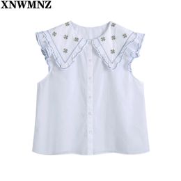 Women Sweet Embroidery Peter Pan Collar White Poplin Shirt Female Sleevelss Ruffle Blouse Roupas Chic Chemise Tops 210520