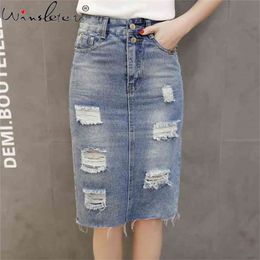 Summer Denim Teen Skirt High Waist Holes Back Slit Knee-length Midi Preppy Style B02915B 210421