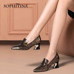 SOPHITINA Women Pumps Fashion Bronze Silver Cow Leather Handmade Female Shoes Mixed Colours Thick Heel TPR Casual Lady Shoes AO05 210513