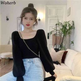 Woherb Cropped Knitwear Pullovers Fall Woman Sweaters for Women Sexy Square Collar Lantern Sleeve Jumper Sweet Sueter Mujer 210914