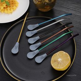 304 Stainless Steel silicone Straw Spoons Flower Tea Philtre Straw Spoon Creative Coffee Mixing Spoon Bar Kitchen Tool 7 Colours T500959