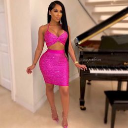 Ocstrade High Fashion Women Beaded 2 Piece Bandage Dress Sexy Halter Celebrity Pink Bodycon Club Party 210527