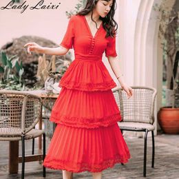 Summer Runway Lace Trim Patchwork Chiffon Dress Women Layers Ruffles Party Long Vintage A-line Pleated cake es 210529