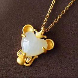 Silver Inlaid Natural Hetian White Jade Mouse Pendant Necklace With Chinese Unique Ancient Gold Craft Charm Women's Jewellery Chains