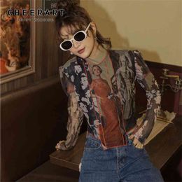Fall Women Fashion Mesh Top Long Sleeve Blouse Asymmetrical And Blouses Patchwork Turtleneck High Neck 210427