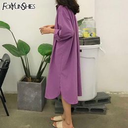 FORYUNSHES Womens Oversized Casual Dress Fairy Grunge Elegant Solid Purple Simple Lapel Long Sleeve Shirt Dress Summer 210709