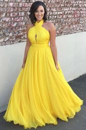 Sexy Halter Backless Chiffon Prom Dresses 2021 A-Line Yellow Long Bridesmaid Dress Summer Special Occasion Gowns Custom Made Pleats