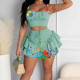 Abstract Painting Printed Two Piece Dress Set Sleeveless Crop Top & Ruffles Mini Skirt Suits 210521