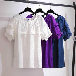 150Kg Plus size women's summer loose ruffled short-sleeved t-shirt bust 165cm 6XL 7XL 8XL 9XL 10XL fresh top white blue purple X0628