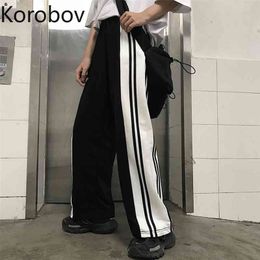 korobov Spring New Women BF Style Harajuku Pants Vintage Casual Wide Leg Pants High Waist Hit Colour Patchwork Trousers 210430