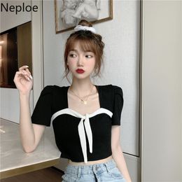 Neploe Square Neck Bow Short-sleeve Blouse Womens Fashion Blusas Hollow Out Backless Slim Chic Shirt Korean Sexy Crop Tops 4i684 210422