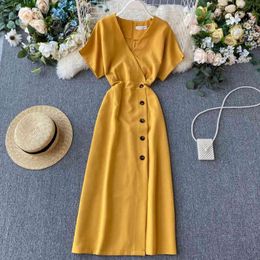 Vintage Slim V Neck Button Dresses Summer Midi Long Dress Vestido De Festa Party Evening Women Casual Elegant Vestidos 210521