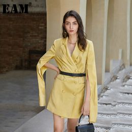 [EAM] Women Yellow Vent Split Joint Temperament Dress Lapel Long Sleeve Loose Fit Fashion Spring Autumn 1Z539 21512