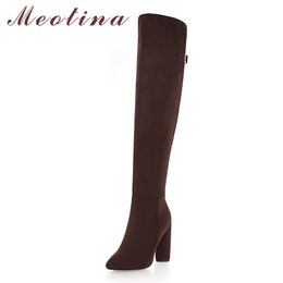 Women Over The Knee Boots Shoes Buckle Super High Heel Long Pointed Toe Block Heels Zipper Ladies Winter 210517