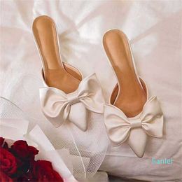 Summer Women's Slippers Bowknot Cat Heel Low Mid Pointed Toe Shoes High s 211206