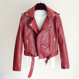 Women Faux Leather Jacket Fashion Ladies Slim With Belt Coats Spring Autumn Yellow Biker Moto Short Outwear 210525