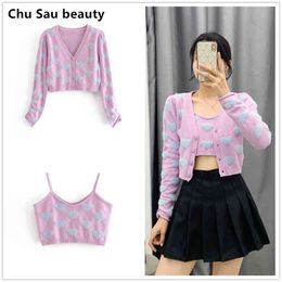 Autumn Fashion Sweet Cute Pink Heart-shaped Women Sweaters Two-piece Suit V-neck Short Cardigans Sweater+Sling Knitted Crop Tops 210508