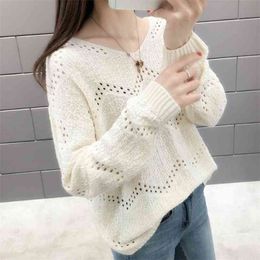 Hollow Dots Knitted Sweater Women Spring Autumn Casual Loose Hedging Solid Colour Suspenders V-neck Sweaters Female 210427