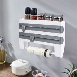 ADOREHOUSE Mutifunction Kitchen Organizer Sauce Bottle Rack 4 In 1 Cling Film Cutting Holder Can Storage 211102