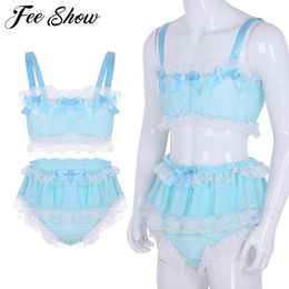 petticoat top Australia - Bras Sets Gay Sissy Mens Underwear Sexy Costumes Lingerie Set Ruffled Lace Sheer Chiffon Crop Top Skirted Petticoated Panties Exotic