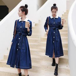 Casual Dresses Blue Denim Dress Long Sleeve Midi Length Party Date Robe Femme Autumn Clothes White Lapel Single Breasted Fashion Jean