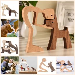 Puppy Wooden Ornaments Family Home Decoration Figurine Craft Miniature Craft Decor Desktop Table Ornament Gift DIY Wood Piece 210607