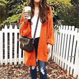Style Fashion Winter Knitted Sweater Cardigan For Womens Lantern Sleeve Warm With Two Pockets Mid-length Loose Outfits Coat 210517