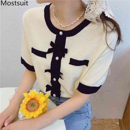 Korean Vintage Knitted Bows Pullover Sweater Women Short Sleeve O-neck Single Breasted Elegant Ladies Tops Jumpers Femme 210513