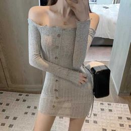 autumn sexy off shoulder buttons bodycon dres slim stretch long sleeve hip mini gray black 210604
