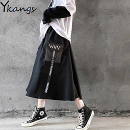Cotton Harajuku Cargo Skirts Women hip-hop loose pocket English alphabet Skirt Autumn black A-line tooling skirt Streetwear 210619