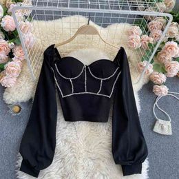 Foamlina Rhinestone Cropped Blouse Fashion Women's Shirt Black White Square Collar Puff Sleeve Pleated Elastic Back Short Top 210323