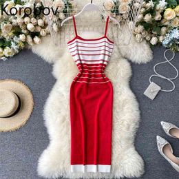 Korobov Summer Sexy Off Shoulder Camis Long Dress High Waist Hip Bodycon Mutlicolor Vestido Contrast Colour Striped Knit Ropa 210430