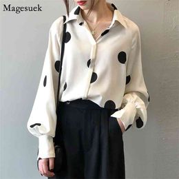 Korean Polka Dot Button Up Chiffon Shirt Women Lantern Sleeve Casual Loose Tops Vintage Women's Clothing Blouses 13442 210512