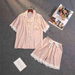 Summer Pajamas Women's Ice Silk Thin Sexy Lace Short-sleeved Shorts Suit Pyjamas 210831