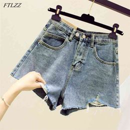 Summer Women Streetwear Hole Wide Leg Blue Denim Shorts Vintage Female Loose High Waist Black Jeans 210430